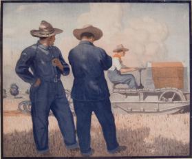 title unknown (two men watching a third man on a tractor)