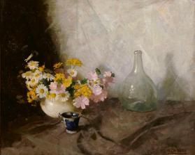 Still Life with Flowers, Green Glass Bottle, and Tea Cup