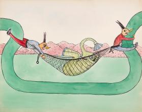 Plate #28 | Gaze on this hammock fiend;  Yon can't | Except with laughter shaking | Observe the lazy Trunc-o-phant | His afternoon siesta taking.