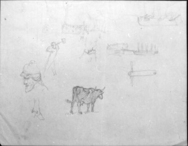 Untitled (studies for Men of Concord, ox, sled, and figures)