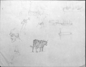 Untitled (studies for Men of Concord, ox, sled, and figures)