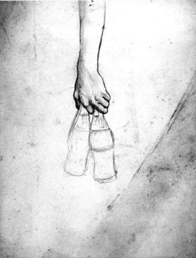 study of arm and hand holding two Coke bottles