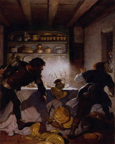 Little John Fights with the Cook in the Sheriff's House
At last he made a dart upon Roger and the chase grew furious.  Dishes, plates, covers, pots and pans--all that came in the way of them went flying.