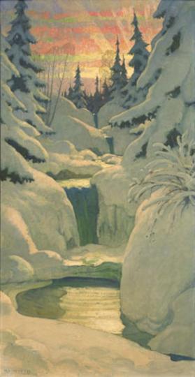 title unknown (winter landscape with waterfall)