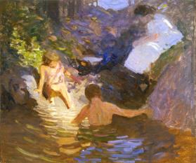 title unknown (two children bathing in stream)