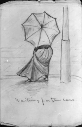 Waiting for the Cars (figure holding umbrella at street corner)