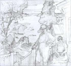 title unknown (man and woman on porch, with Port Clyde harbor in background)