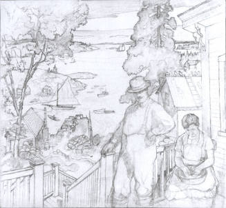 title unknown (man and woman on porch, with Port Clyde harbor in background)