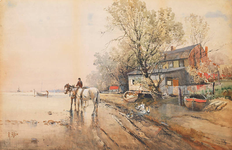 Untitled (Horseman with team at water's edge)