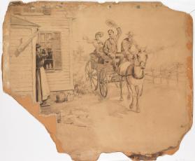 untitled (horse-drawn carriage with four people waving to woman on porch)