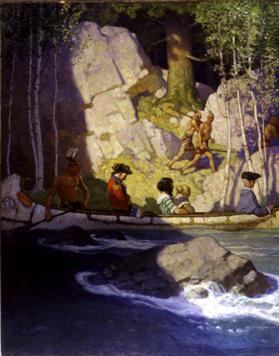 Captives    When the pilot chosen for the task of guiding the canoe had taken his station, the whole band plunged again into the river, the vessel glided down the current and in a few moments the captives found themselves on the south bank of the stream.