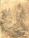 caption: Archival photograph of preliminary charcoal drawing, with note by the artist: Photo of…