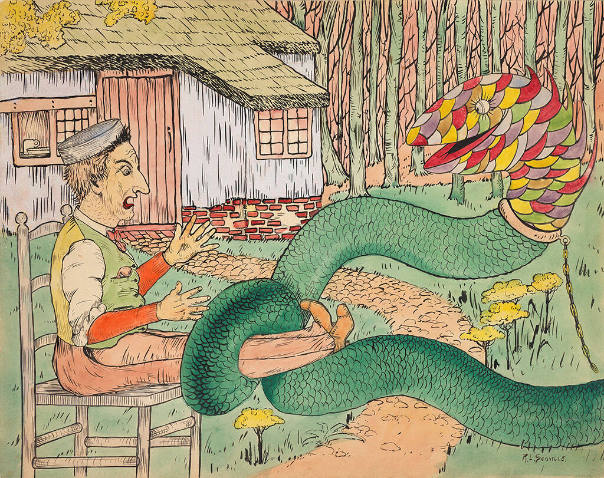 Plate #1 | While nodding in his hard old chair | Tom Tompkins had a dream most shocking. | The Wizard Tumblebug came there | And frightened him with laughter mocking.