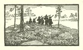 The Courtship of Miles Standish, untitled headpiece illustration (group of Pilgrims marching through landscape)