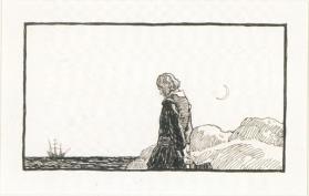 The Courtship of Miles Standish, untitled headpiece illustration (man looking out to sea and ship)