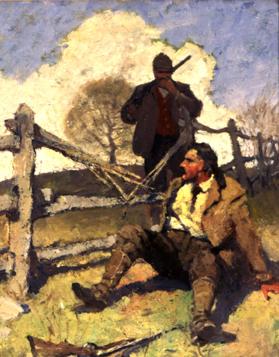 untitled (two hunters, one having fallen over a fence)