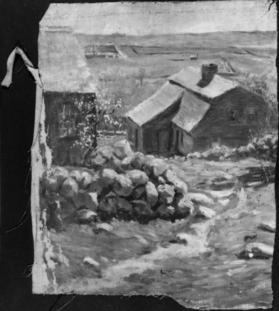 untitled (landscape with stone wall and cottages; verso, two composition sketches in pencil)