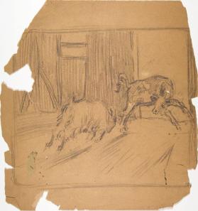 studies for "War" (goat charging calf; verso, boy on fence watching pig and piglets