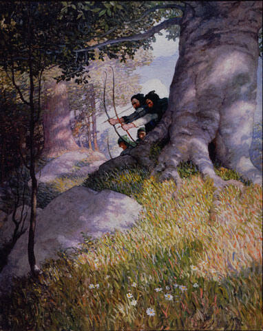 Robin Hood and His Companions Lend Aid to Will o' th' Green from Ambush
Their arrows flew together, marvellous shots, each finding its prey.