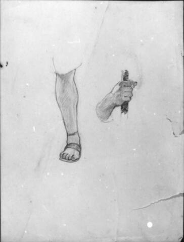 Untitled (study of a leg and foot in a sandal; hand holding a staff)