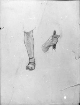 Untitled (study of a leg and foot in a sandal; hand holding a staff)