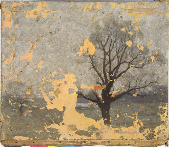 Untitled (landscape with dominate tree, bare of leaves)