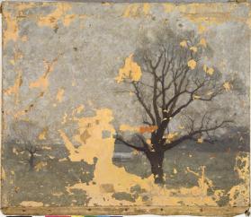 Untitled (landscape with dominate tree, bare of leaves)