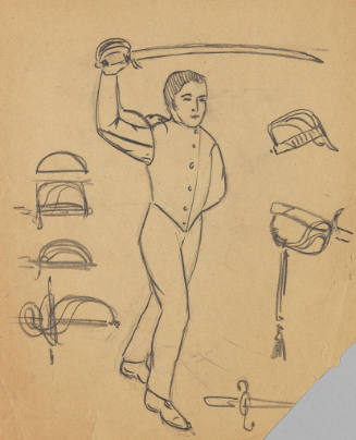 Untitled (fencer, with details of sword handles; verso, three fencers)