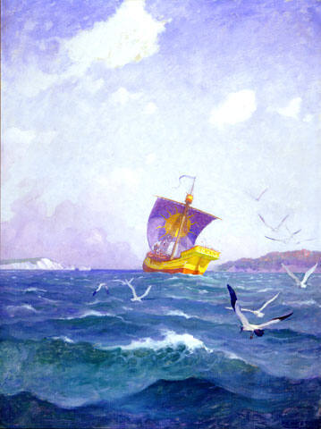 The Sailing of the Yellow Cog
The breeze blew, the sail bellied, over heeled the portly vessel, and away she plunged through the smooth blue rollers.