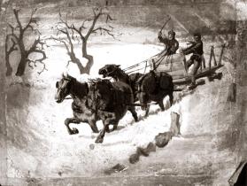 untitled (wagon and team of four horses driving through snow)