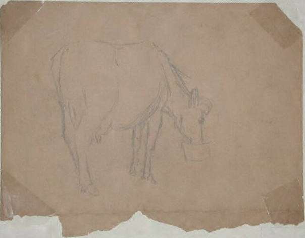 Untitled (cow eating from a bowl; verso, figure with foot on a chair)