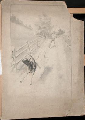 title unknown (runaway calf with boy in chase)