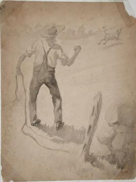 Title unknown (old man shaking fist at run-away cow)