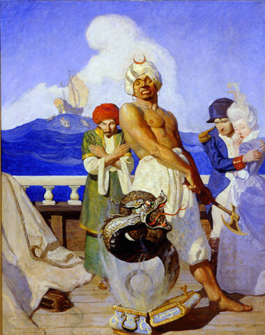 "One swing 'f his battle-axe chops off the lock, 'n' there's a dragon black as ink wi' one eye."