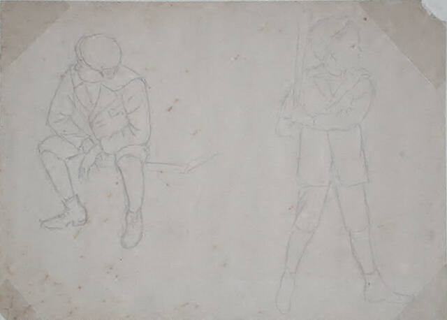 Untitled (two boys, one on bench, one at bat)