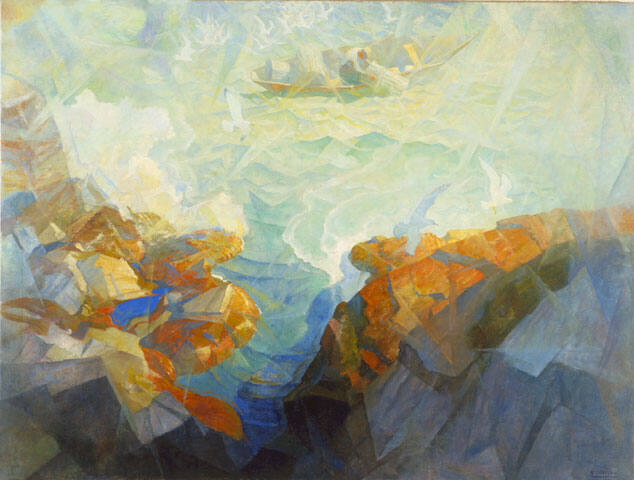 untitled (lobsterman hauling trap off rocky coastline)