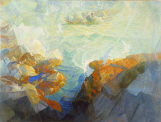 untitled (lobsterman hauling trap off rocky coastline)