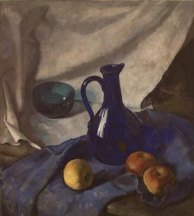 Still Life with Apples, Blue Pitcher, and Green Glass Bowl