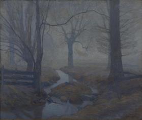 untitled (woodland scene with brook and fence)