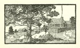 The Courtship of Miles Standish, untitled headpiece illustration (log dwelling, foreground tree)