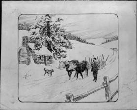 Untitled (winter scene with log cabin, ox cart and figure)