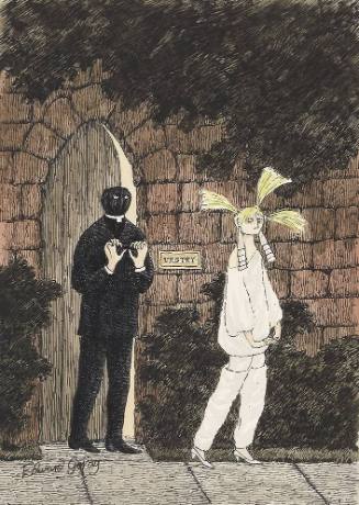 Untitled (woman in white leaving vestry, priest watching)