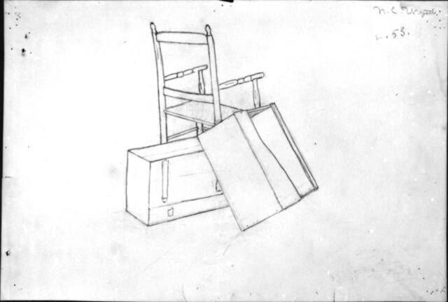 Untitled (still life of chair and two boxes; verso, still life of four geometric shapes)