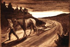 untitled (farmer and horse pulling a plow, walking along a road)