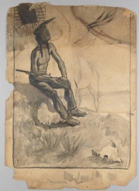 title unknown (Indian seated on hummock; sketch of horse in background)