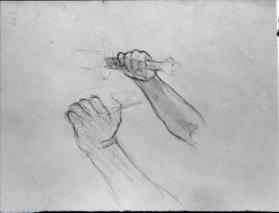 study of two hands, one holding a sword hilt