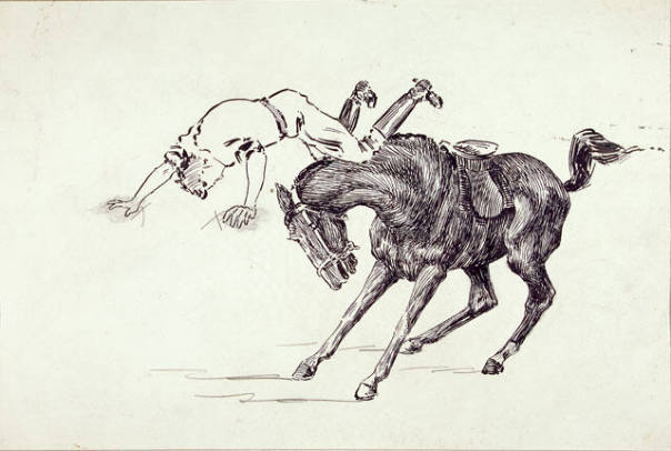 Untitled (horse throwing rider; verso, man with arms folded)