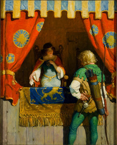 Robin Meets Maid Marian
But Robin, venturing all, drew nigh.  He came to the edge of her box, and began to speak.