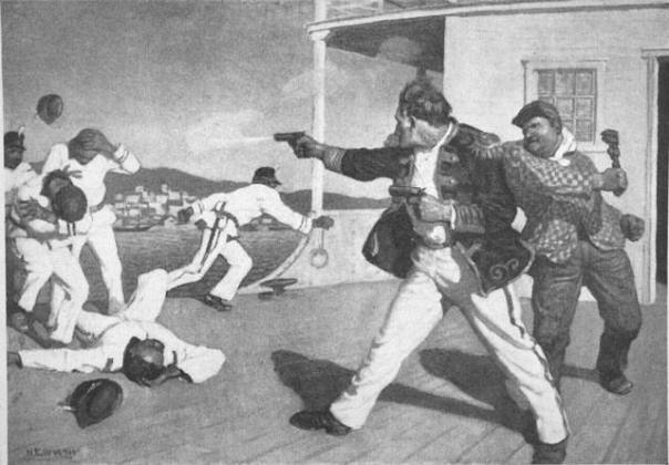I ran aft to the clear space abaft the funnel, and there I found the spiggoties shtandin', holdin' a council av war.  I fired into the thick av them and had five av them down when that thievin' engineer come sneakin' up behind me and shtruck me on the back av the head wit' a monkey wrench