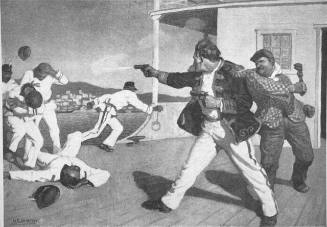 I ran aft to the clear space abaft the funnel, and there I found the spiggoties shtandin', holdin' a council av war.  I fired into the thick av them and had five av them down when that thievin' engineer come sneakin' up behind me and shtruck me on the back av the head wit' a monkey wrench